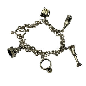 Vintage Sterling Silver 925 Bridal Wedding Party Charms Chain Bracelet 6.75"